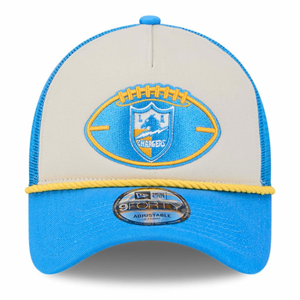 Los Angeles Chargers New Era 2024 Sideline Historic 9FORTY A-Frame Trucker Adjustable Hat Stone/Powder Blue | NFL