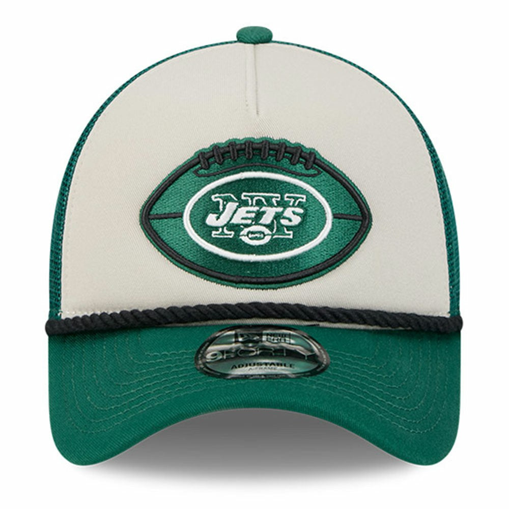 New York Jets New Era 2024 Sideline Historic 9FORTY A-Frame Trucker Adjustable Hat Stone/Green | NFL