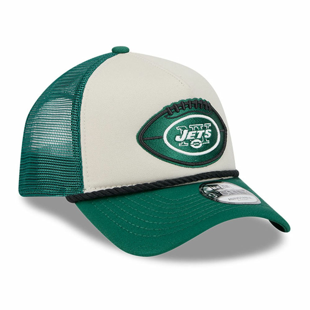 New York Jets New Era 2024 Sideline Historic 9FORTY A-Frame Trucker Adjustable Hat Stone/Green | NFL