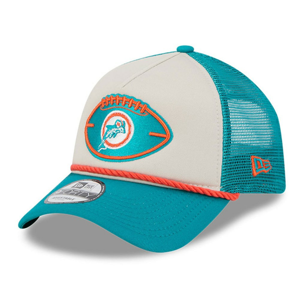 Miami Dolphins New Era 2024 Sideline Historic 9FORTY A-Frame Trucker Adjustable Hat Stone/Aqua | NFL