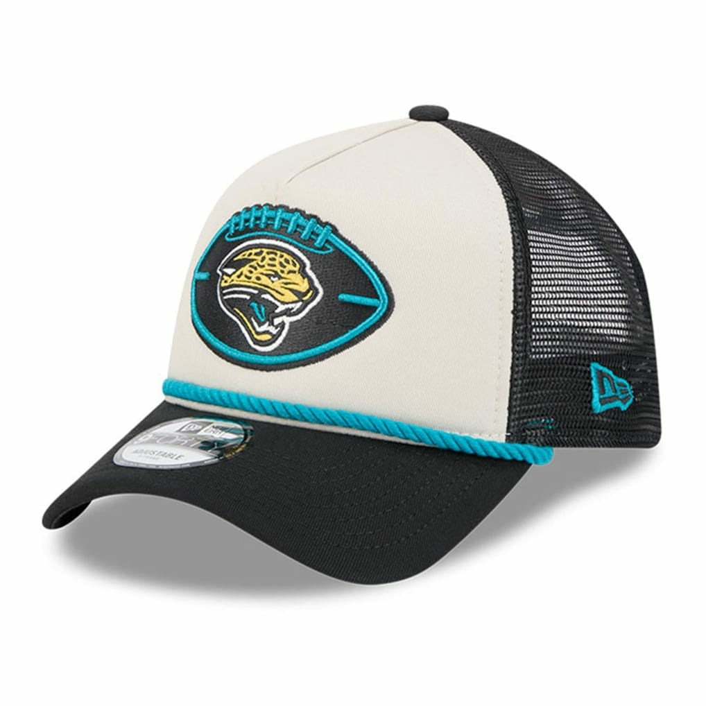 Jacksonville Jaguars New Era 2024 Sideline Historic 9FORTY A-Frame Trucker Adjustable Hat Stone/Black | NFL