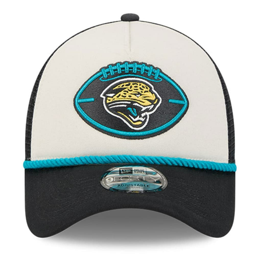Jacksonville Jaguars New Era 2024 Sideline Historic 9FORTY A-Frame Trucker Adjustable Hat Stone/Black | NFL