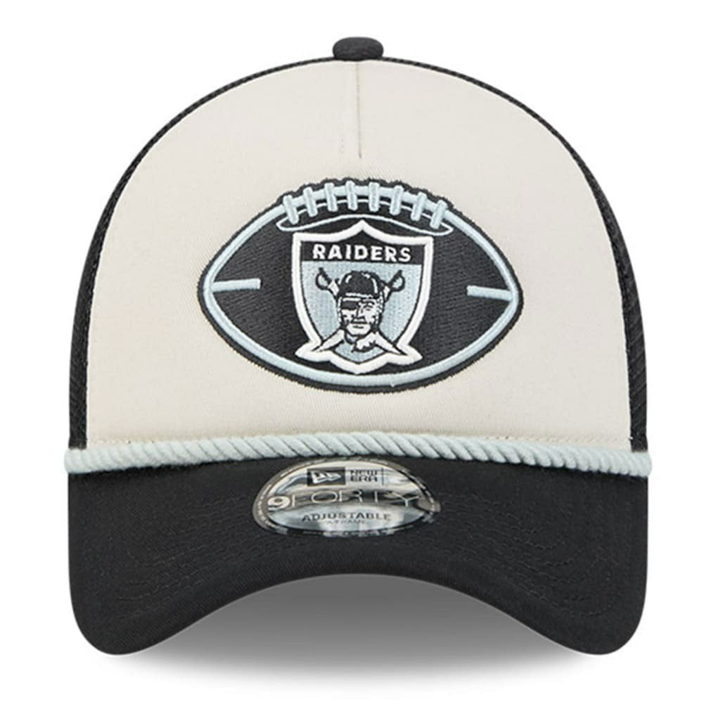 Las Vegas Raiders New Era 2024 Sideline Historic 9FORTY A-Frame Trucker Adjustable Hat Stone/Black | NFL