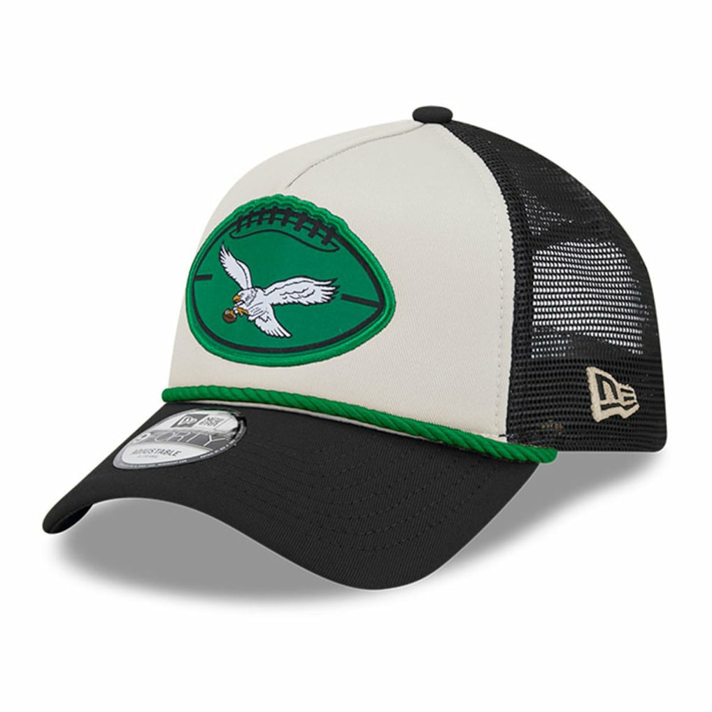 Philadelphia Eagles New Era 2024 Sideline Historic 9FORTY A-Frame Trucker Adjustable Hat Stone/Black | NFL