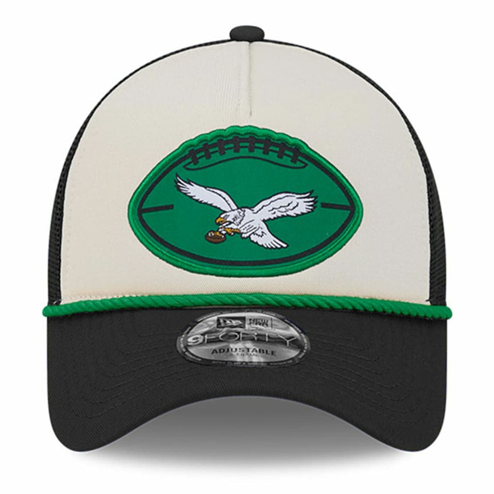 Philadelphia Eagles New Era 2024 Sideline Historic 9FORTY A-Frame Trucker Adjustable Hat Stone/Black | NFL