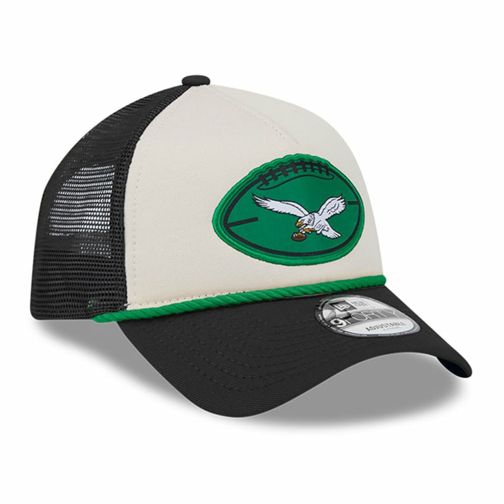 Philadelphia Eagles New Era 2024 Sideline Historic 9FORTY A-Frame Trucker Adjustable Hat Stone/Black | NFL