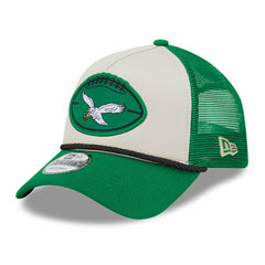 Philadelphia Eagles New Era 2024 Sideline Historic 9FORTY A-Frame Trucker Adjustable Hat Stone/Kelly Green | NFL