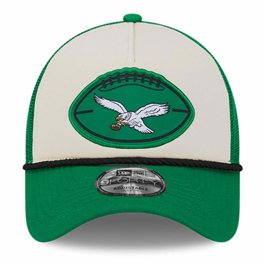 Philadelphia Eagles New Era 2024 Sideline Historic 9FORTY A-Frame Trucker Adjustable Hat Stone/Kelly Green | NFL