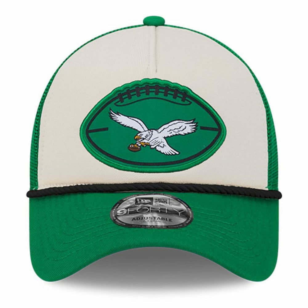 Philadelphia Eagles New Era 2024 Sideline Historic 9FORTY A-Frame Trucker Adjustable Hat Stone/Kelly Green | NFL