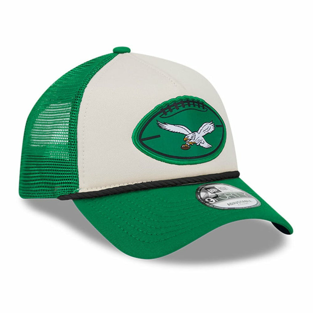 Philadelphia Eagles New Era 2024 Sideline Historic 9FORTY A-Frame Trucker Adjustable Hat Stone/Kelly Green | NFL