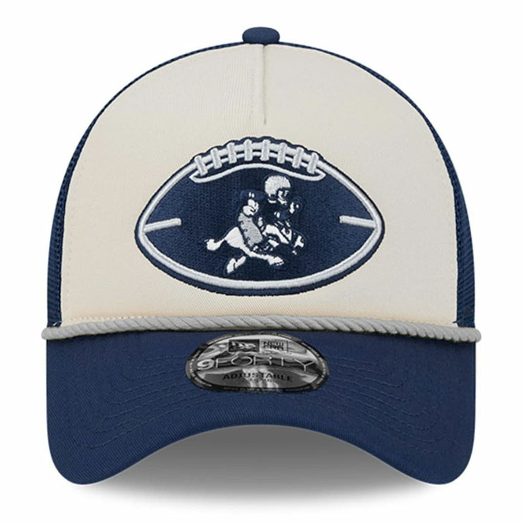 Dallas Cowboys New Era Youth 2024 Sideline Historic 9FORTY A-Frame Trucker Adjustable Hat Stone/Navy | NFL