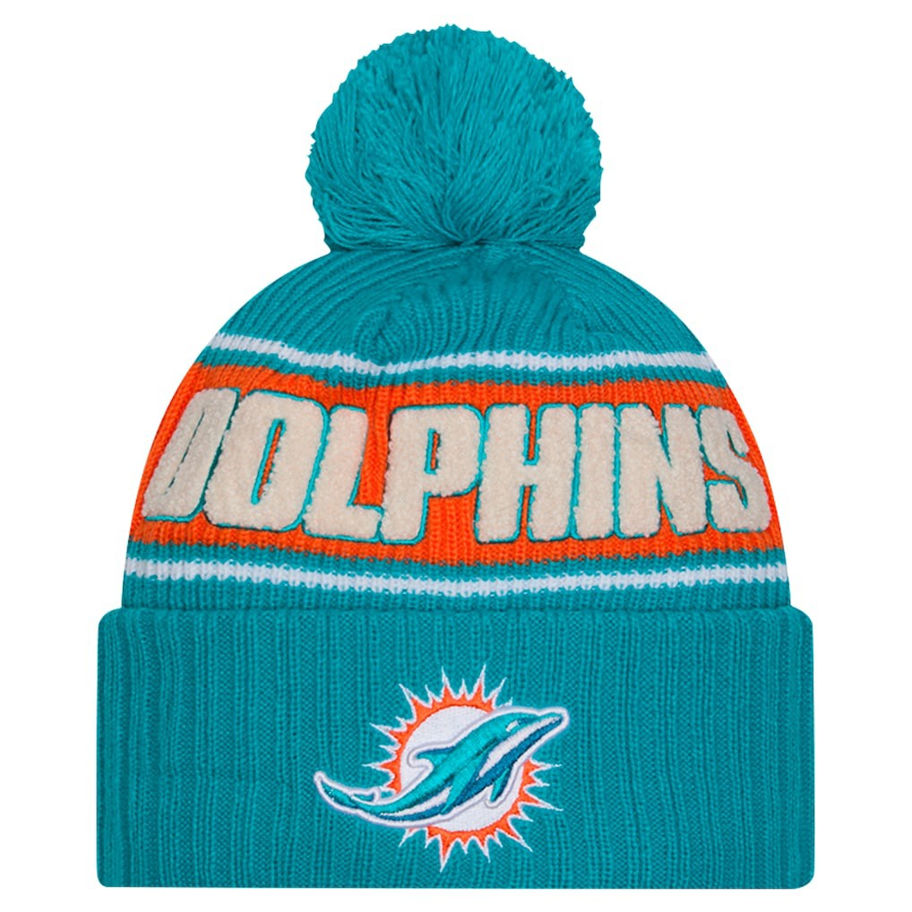 Miami Dolphins New Era 2024 Sideline Cuffed Knit Hat with Pom Aqua | NFL
