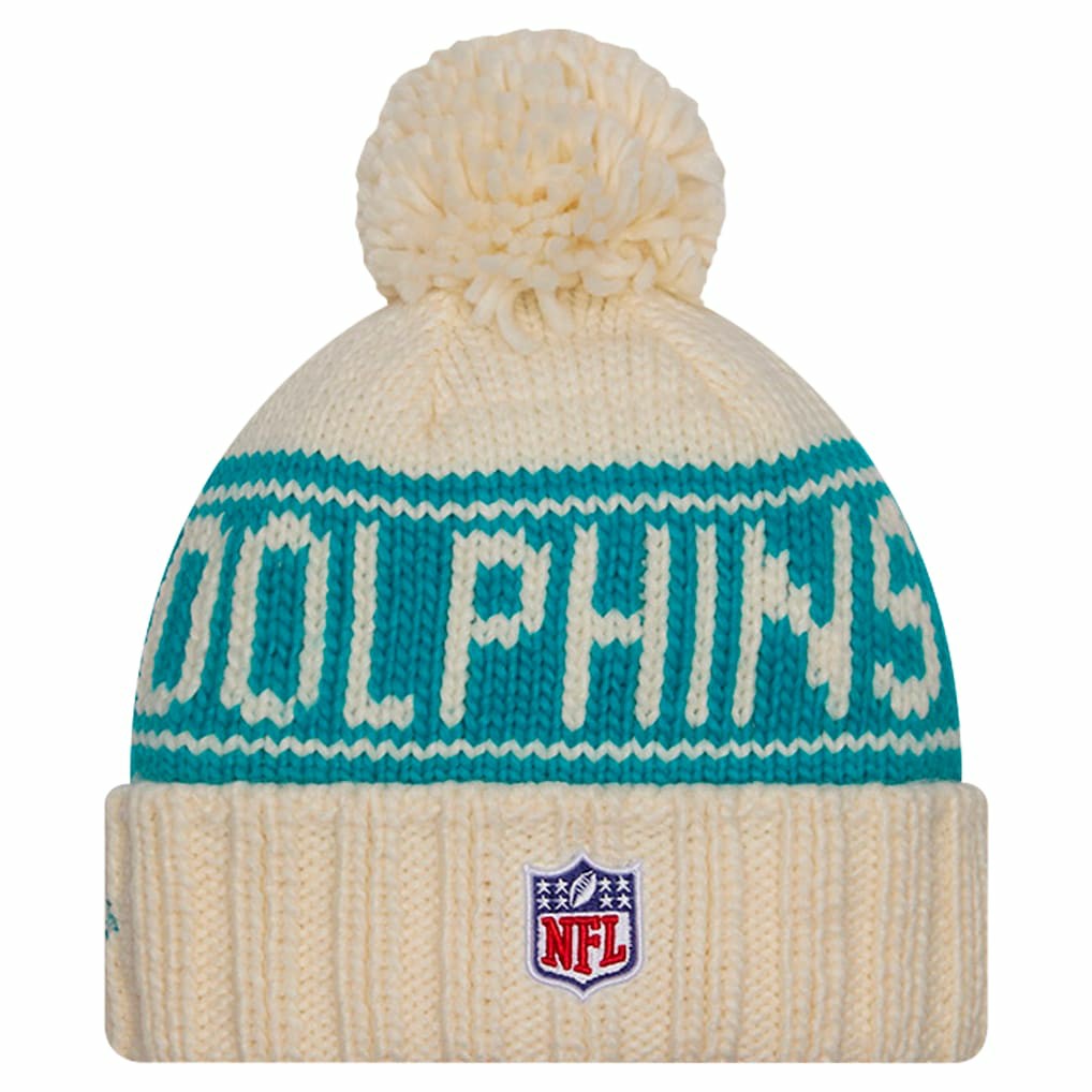 Miami Dolphins New Era Women's 2024 Sideline Cuffed Knit Hat with Pom Cream | NFL
