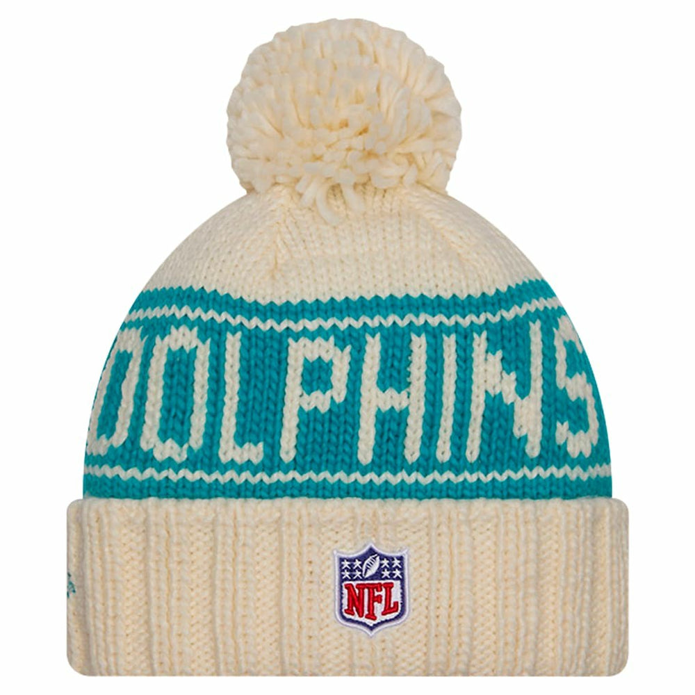 Miami Dolphins New Era Women's 2024 Sideline Cuffed Knit Hat with Pom Cream | NFL