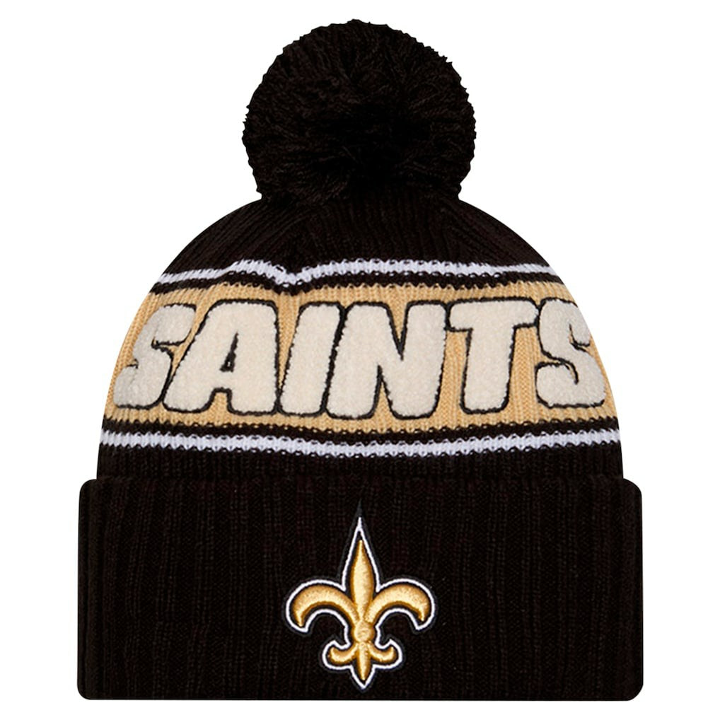 New Orleans Saints New Era Youth 2024 Sideline Sport Cuffed Knit Hat with Pom Black | NFL