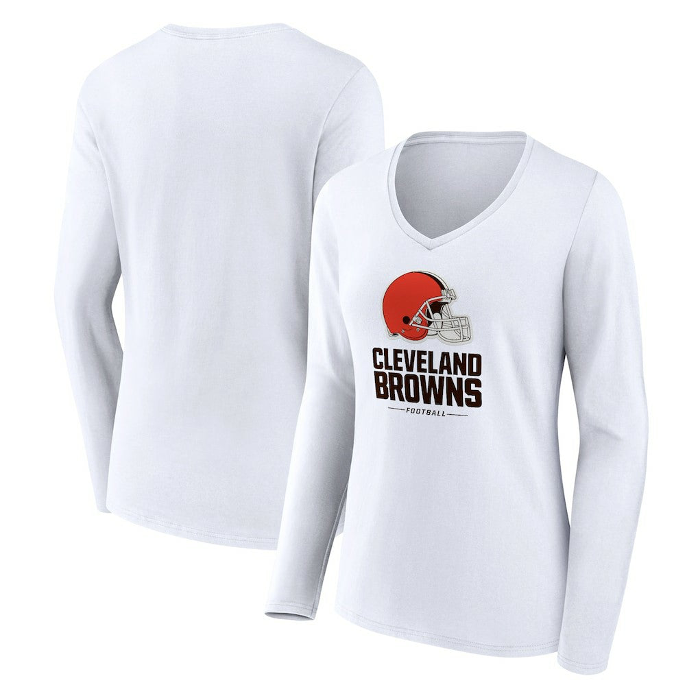 Cleveland Browns Women's Team Lockup Long Sleeve V-Neck T-Shirt White | NFL