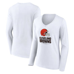 Cleveland Browns Women's Team Lockup Long Sleeve V-Neck T-Shirt White | NFL