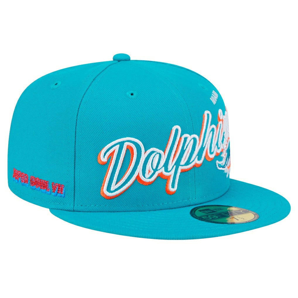Miami Dolphins New Era Script Sided 59FIFTY Fitted Hat Aqua | NFL