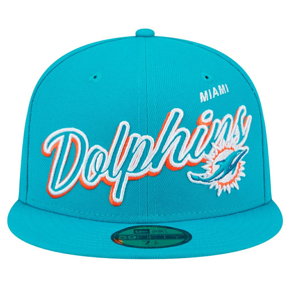 Miami Dolphins New Era Script Sided 59FIFTY Fitted Hat Aqua | NFL
