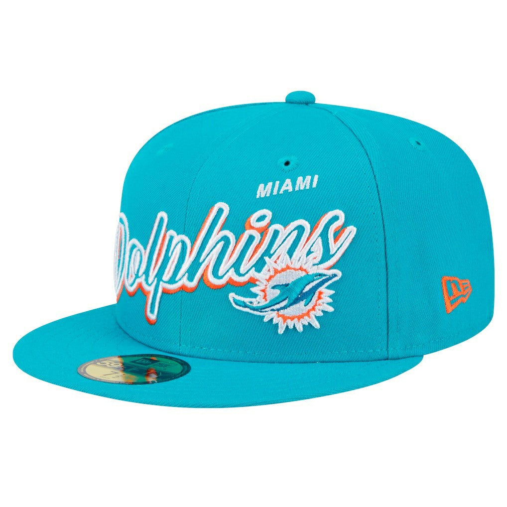 Miami Dolphins New Era Script Sided 59FIFTY Fitted Hat Aqua | NFL