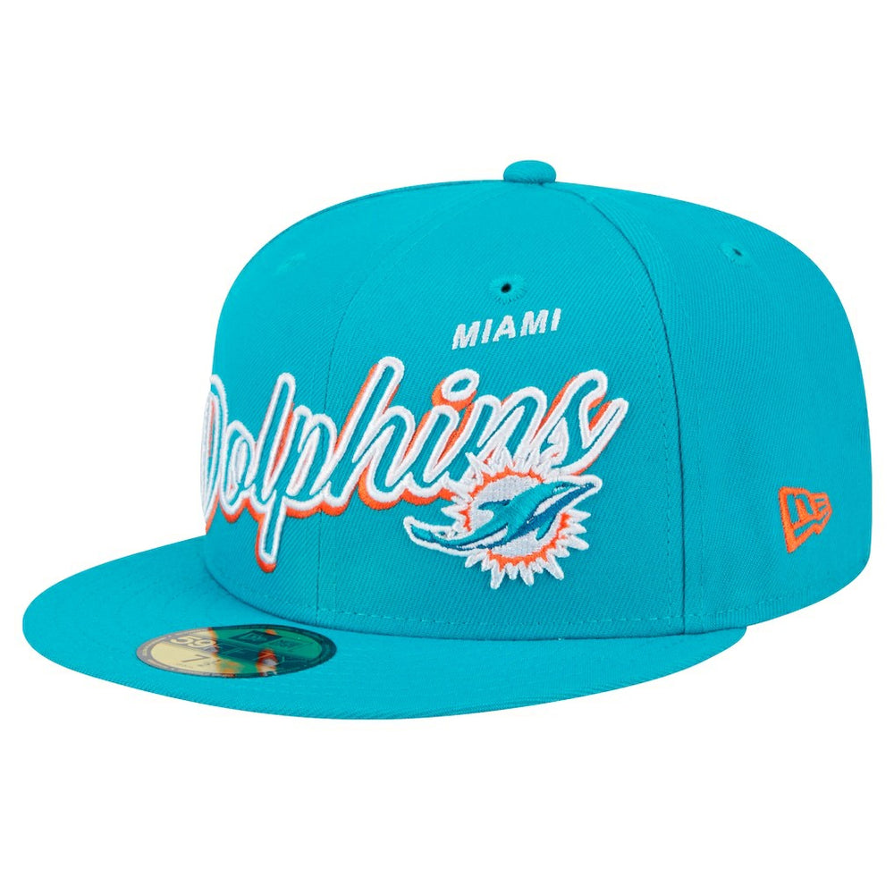 Miami Dolphins New Era Script Sided 59FIFTY Fitted Hat Aqua | NFL