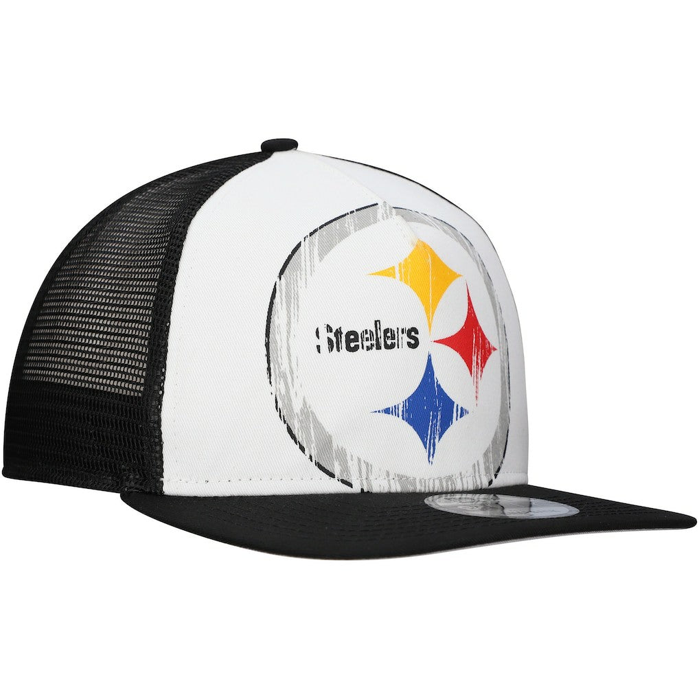 New Era Pittsburgh Steelers Distressed 9FIFTY A-Frame Snapback Hat White/Black | NFL