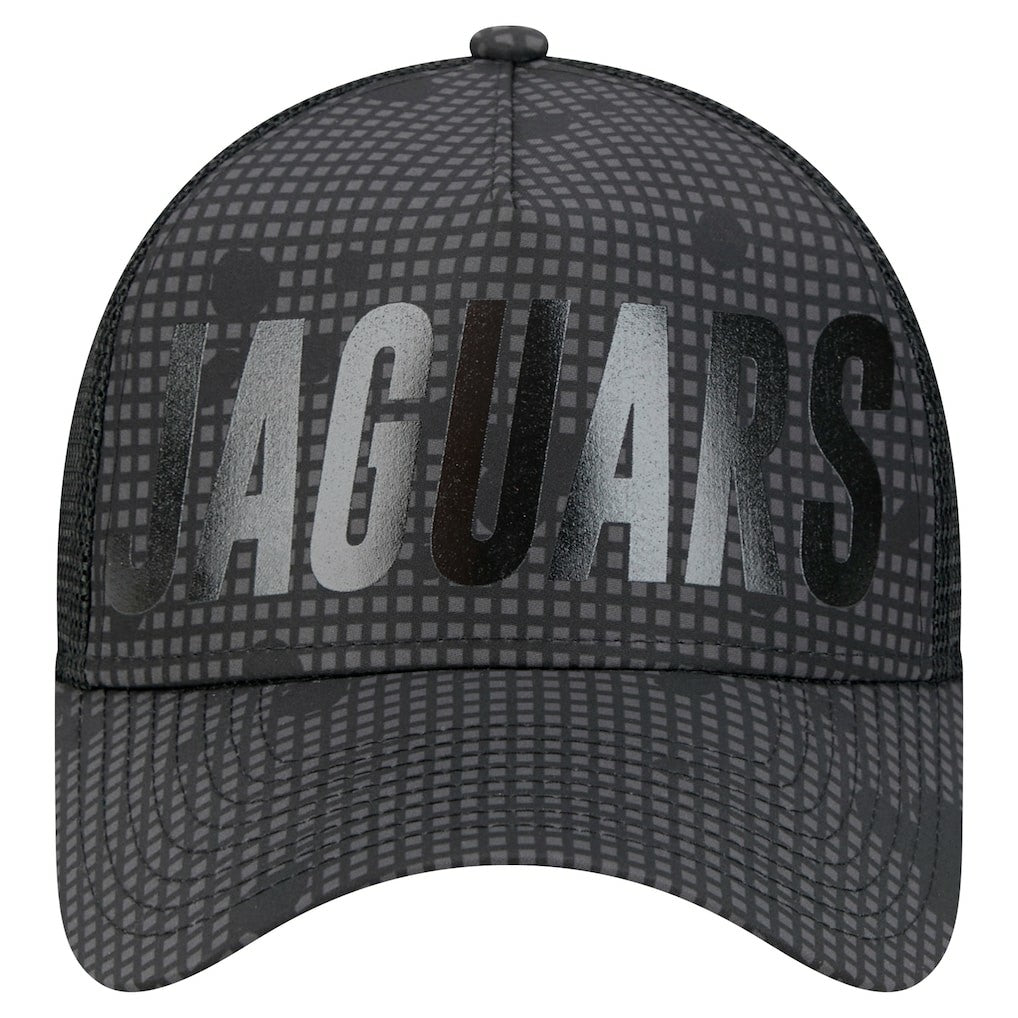 Jacksonville Jaguars New Era Midnight Ink Tonal Text A-Frame Trucker 9FORTY Adjustable Hat Black | NFL