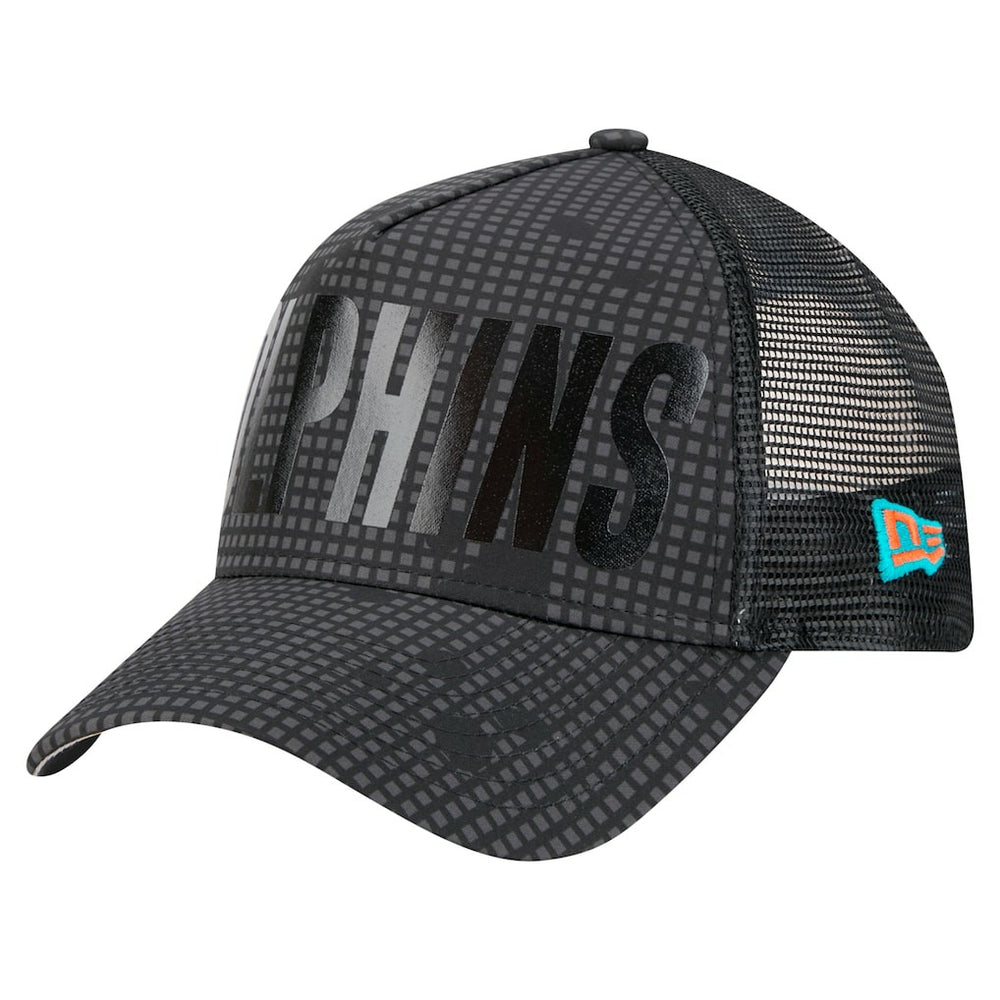 Miami Dolphins New Era Midnight Ink Tonal Text A-Frame Trucker 9FORTY Adjustable Hat Black | NFL
