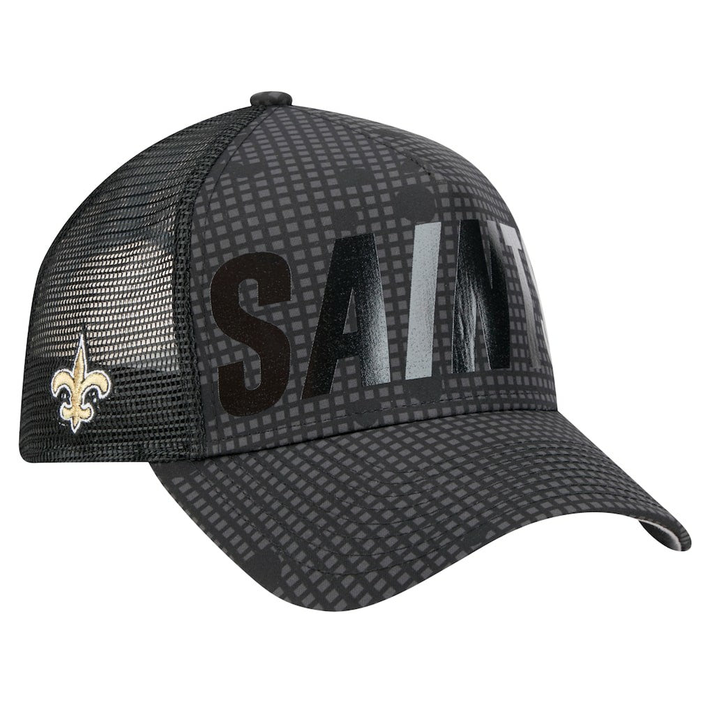 New Orleans Saints New Era Midnight Ink Tonal Text A-Frame Trucker 9FORTY Adjustable Hat Black | NFL