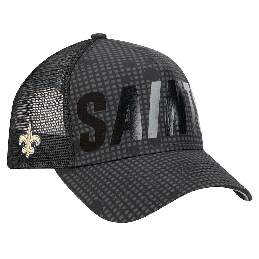 New Orleans Saints New Era Midnight Ink Tonal Text A-Frame Trucker 9FORTY Adjustable Hat Black | NFL