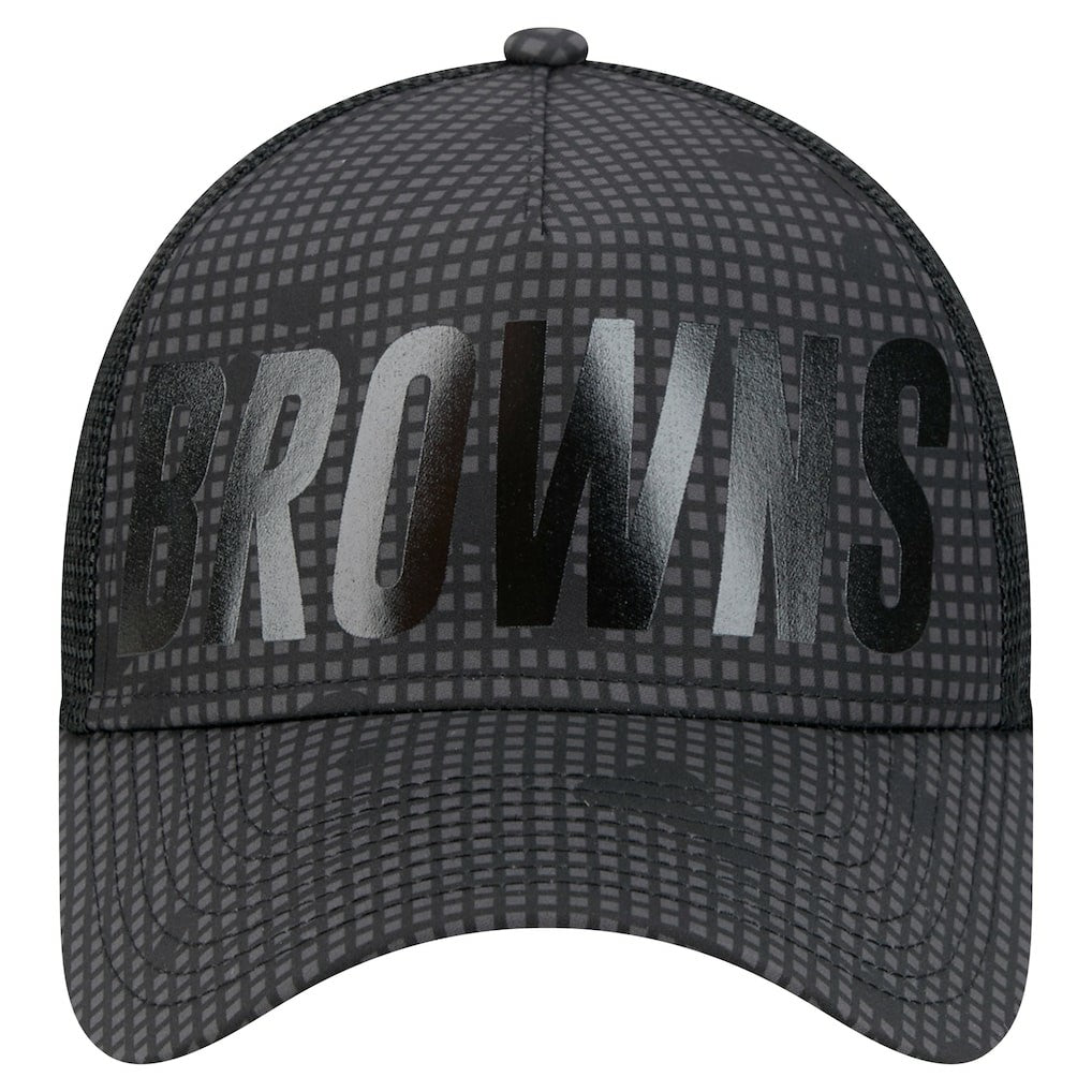 Cleveland Browns New Era Throwback Midnight Ink Tonal Text A-Frame Trucker 9FORTY Adjustable Hat Black | NFL