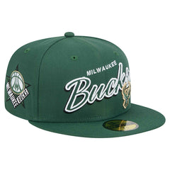 Milwaukee Bucks Sport Night Script Sided 59FIFTY Fitted Hat Hunter Green - NBA