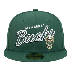 Milwaukee Bucks Sport Night Script Sided 59FIFTY Fitted Hat Hunter Green - NBA