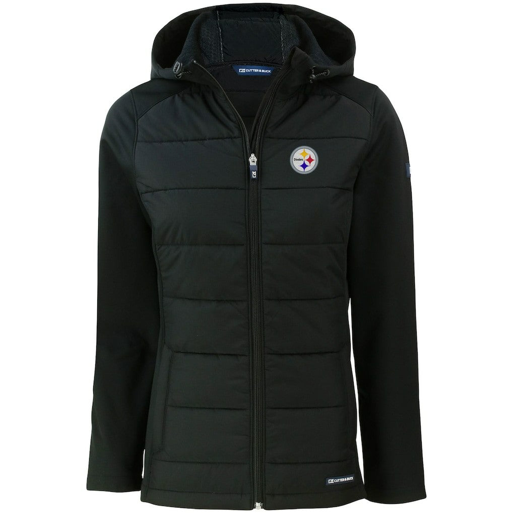 Pittsburgh Steelers Cutter & Buck Women's Evoke PrimaLoft Hybrid Eco Softshell Recycled Full-Zip Hooded Jacket Black | NFL