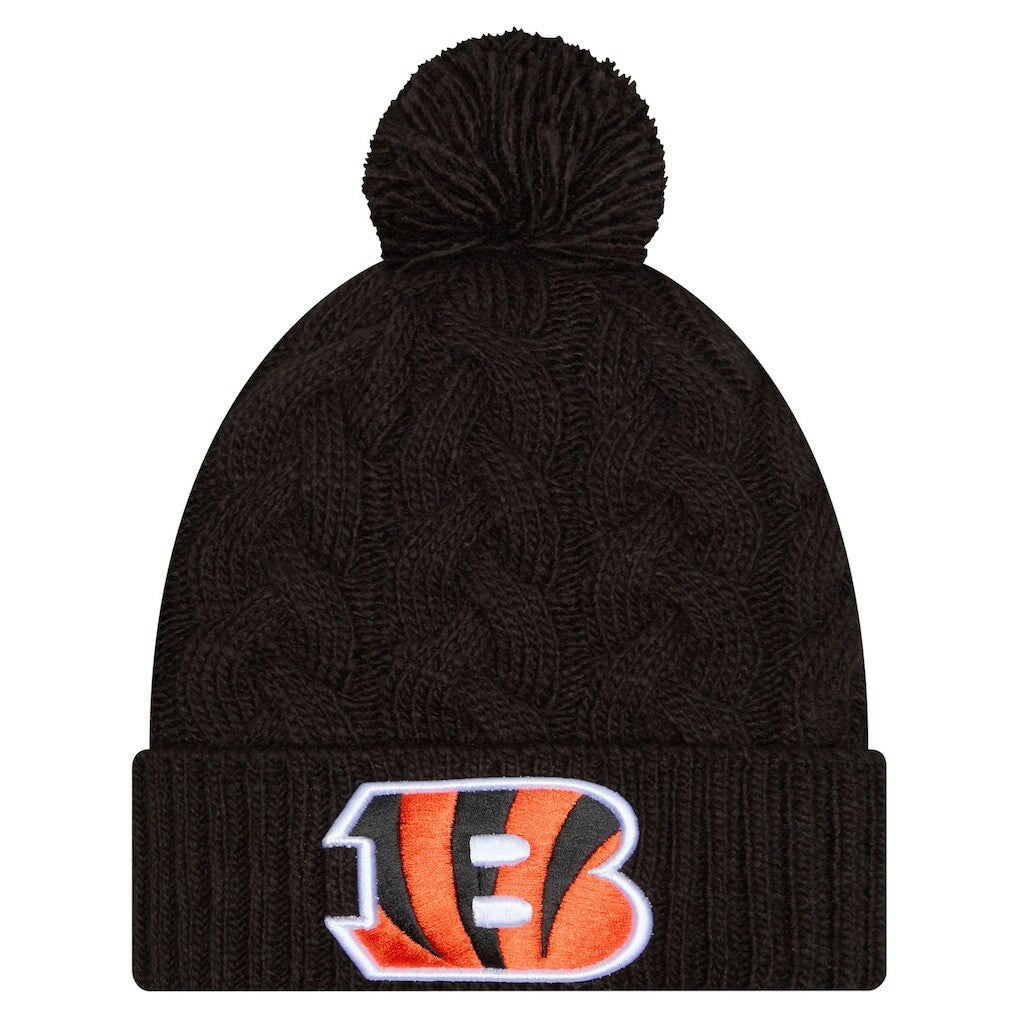 Cincinnati Bengals New Era Girls Youth Cabled Cuffed Knit Hat with Pom Black | NFL