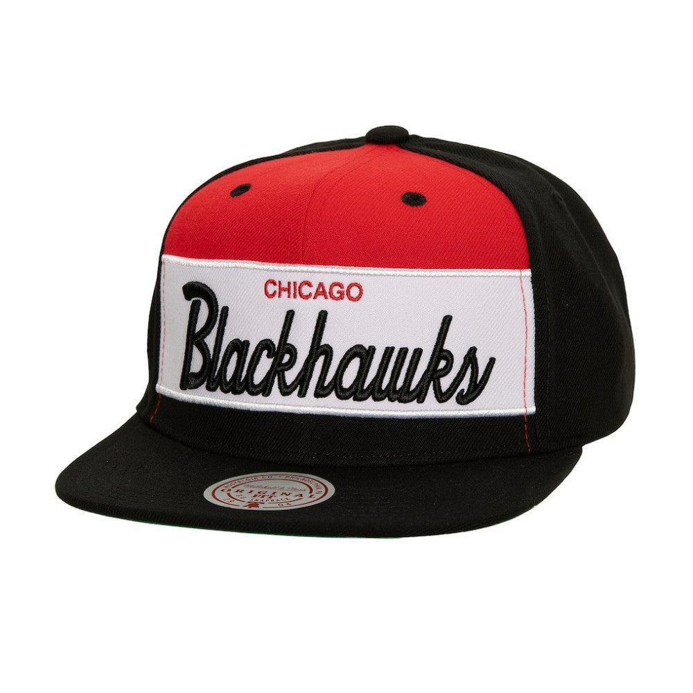 Chicago Blackhawks Mitchell & Ness Retro Script Colorblock Snapback Hat - Black - NHL