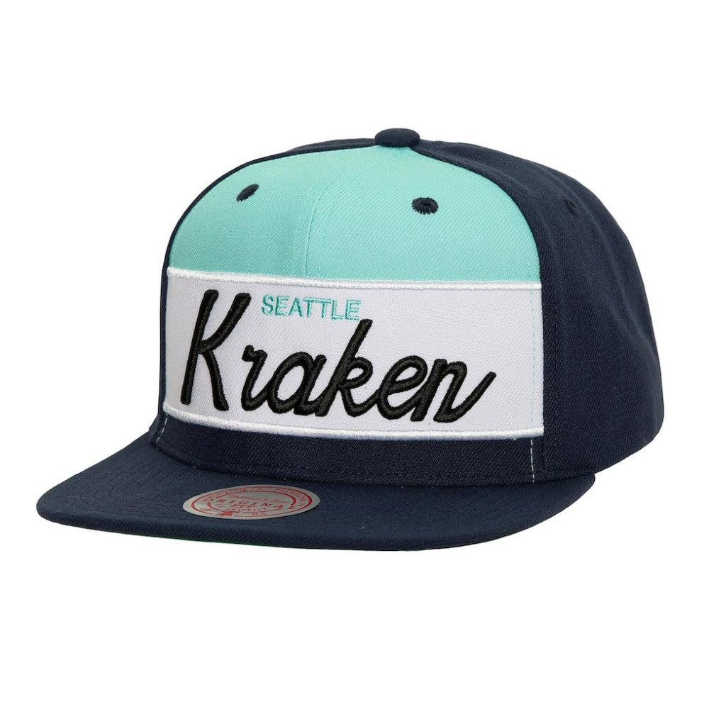 Seattle Kraken Mitchell & Ness Retro Script Colorblock Snapback Hat - Deep Sea Blue - NHL
