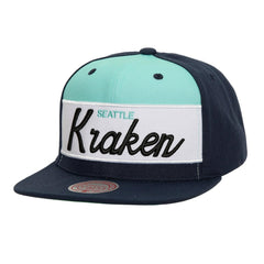 Seattle Kraken Mitchell & Ness Retro Script Colorblock Snapback Hat - Deep Sea Blue - NHL