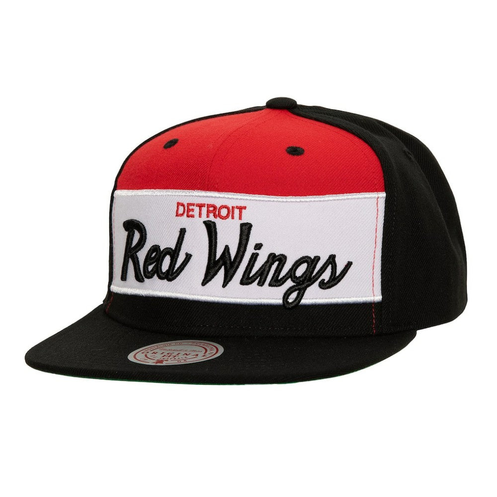 Detroit Red Wings Mitchell & Ness Retro Script Colorblock Snapback Hat - Black - NHL