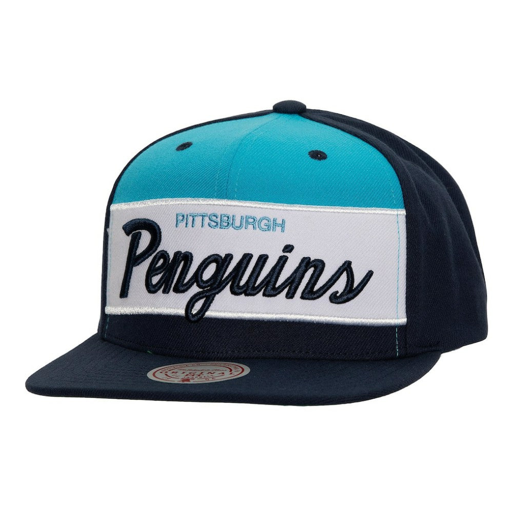 Pittsburgh Penguins Mitchell & Ness Retro Script Colorblock Snapback Hat - Navy - NHL
