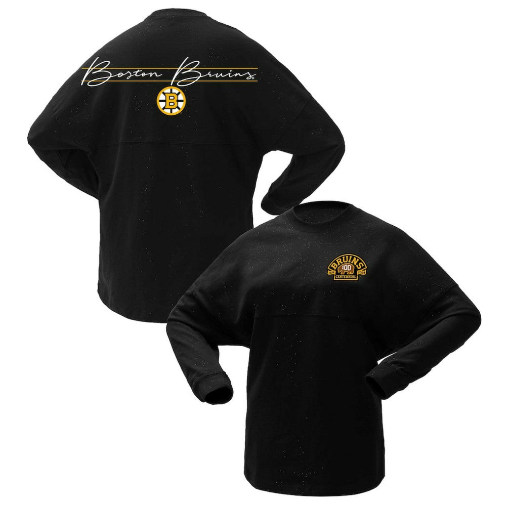 Boston Bruins Fanatics Women's 100th Anniversary Sparkle Spirit Jersey T-Shirt - Black - NHL