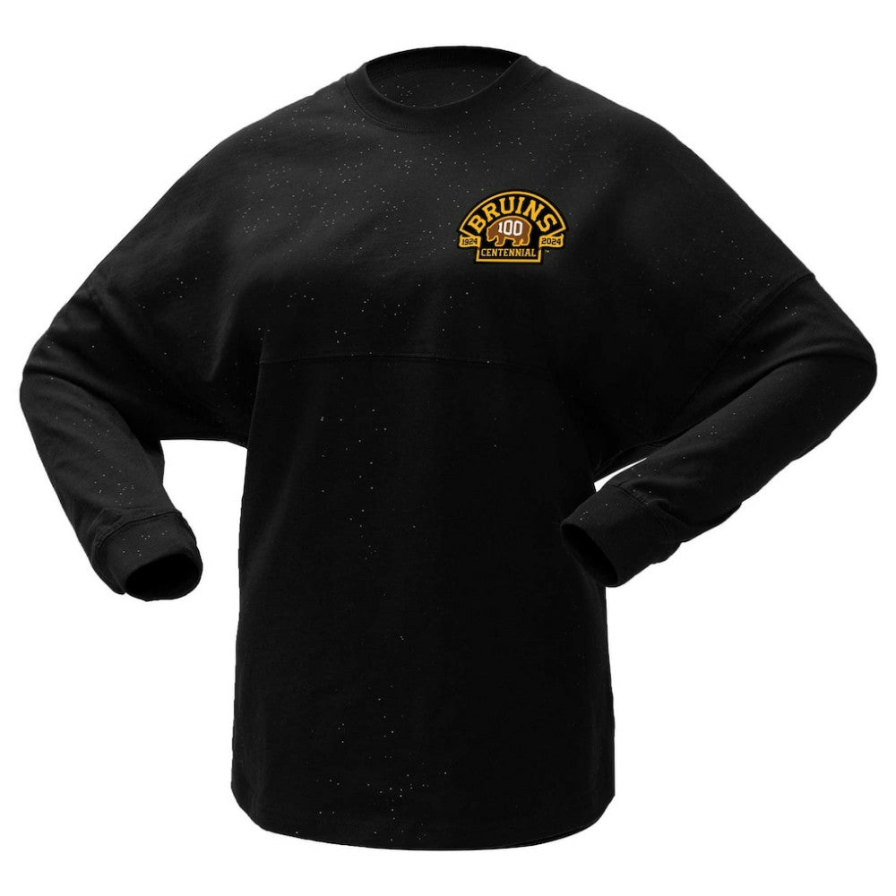 Boston Bruins Fanatics Women's 100th Anniversary Sparkle Spirit Jersey T-Shirt - Black - NHL