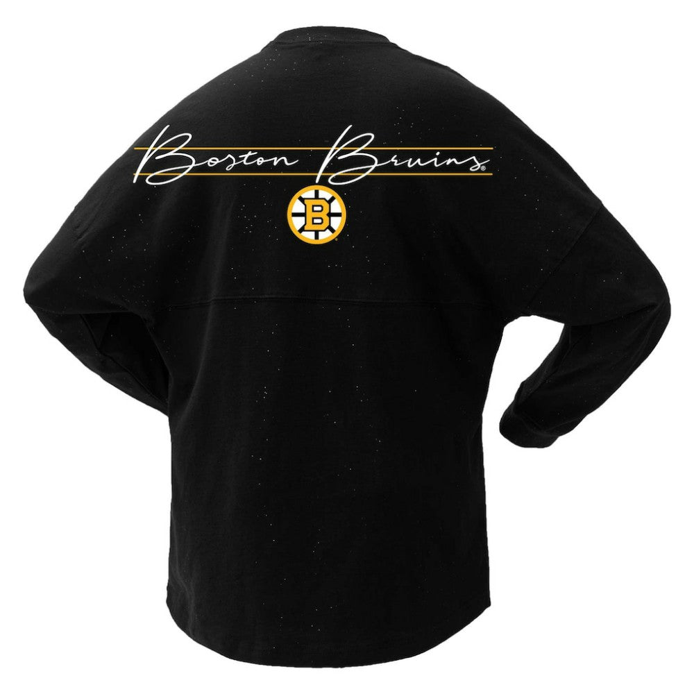 Boston Bruins Fanatics Women's 100th Anniversary Sparkle Spirit Jersey T-Shirt - Black - NHL