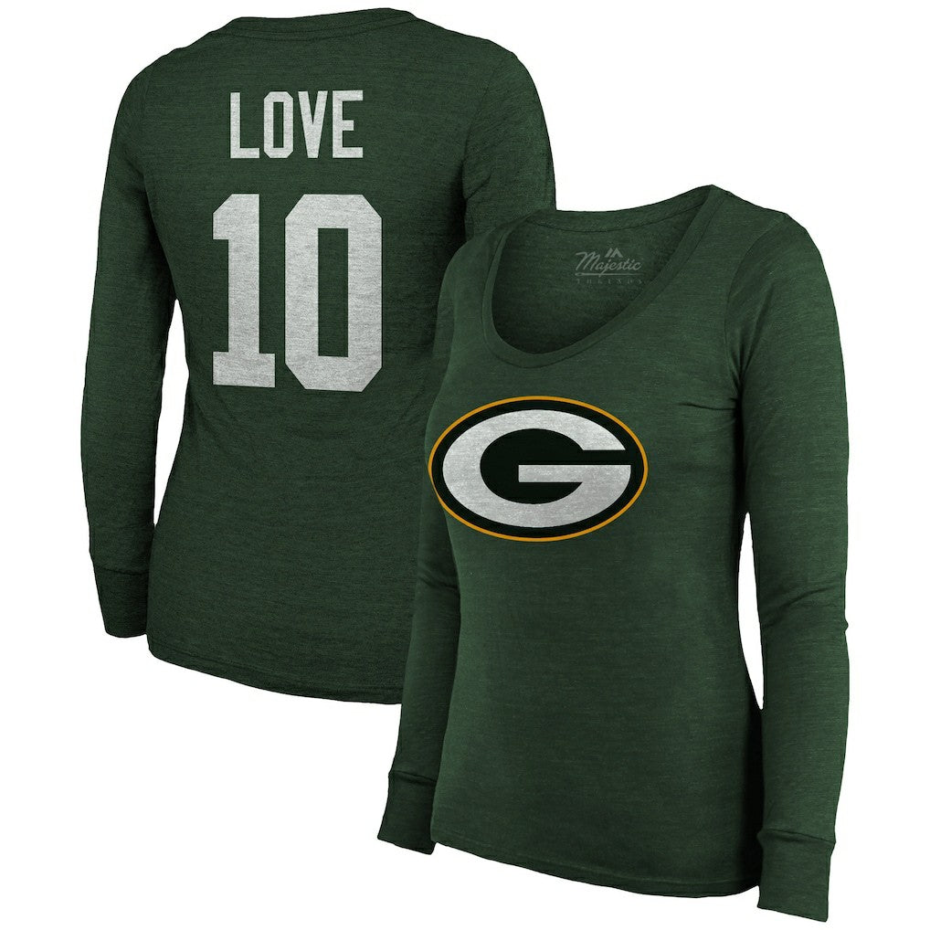 Jordan Love Green Bay Packers Majestic Threads Women's Name & Number Long Sleeve Scoop Neck Tri-Blend T-Shirt – Green | NFL