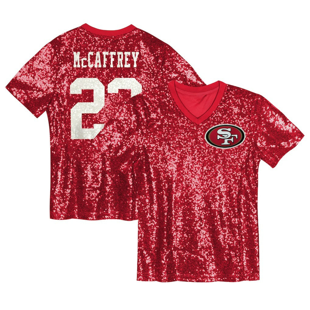 Christian McCaffrey San Francisco 49ers Girls Youth Sequin V-Neck Fashion Jersey Scarlet | NFL