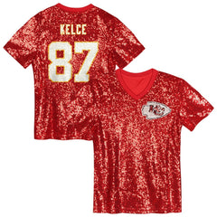 Travis Kelce Kansas City Chiefs Girls Youth Sequin V-Neck Fashion Jersey Red | NFL