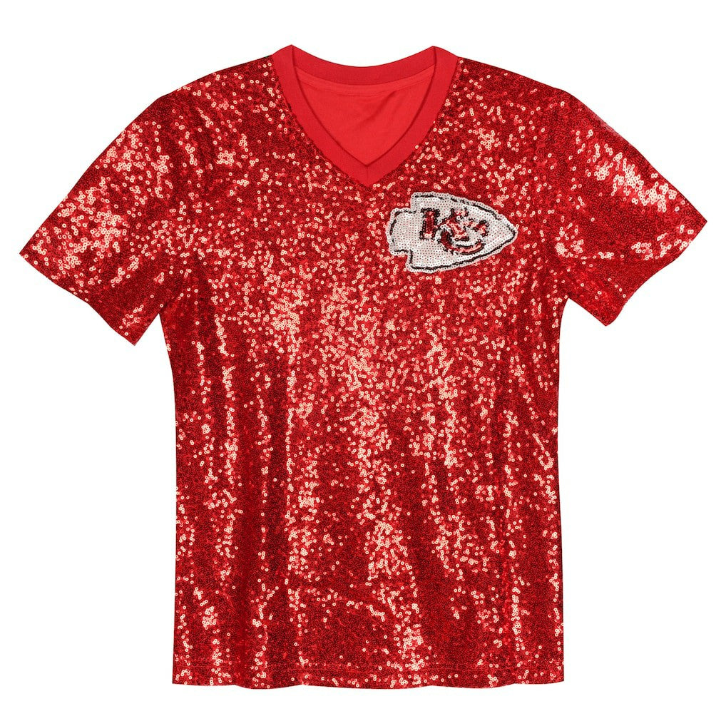 Travis Kelce Kansas City Chiefs Girls Youth Sequin V-Neck Fashion Jersey Red | NFL
