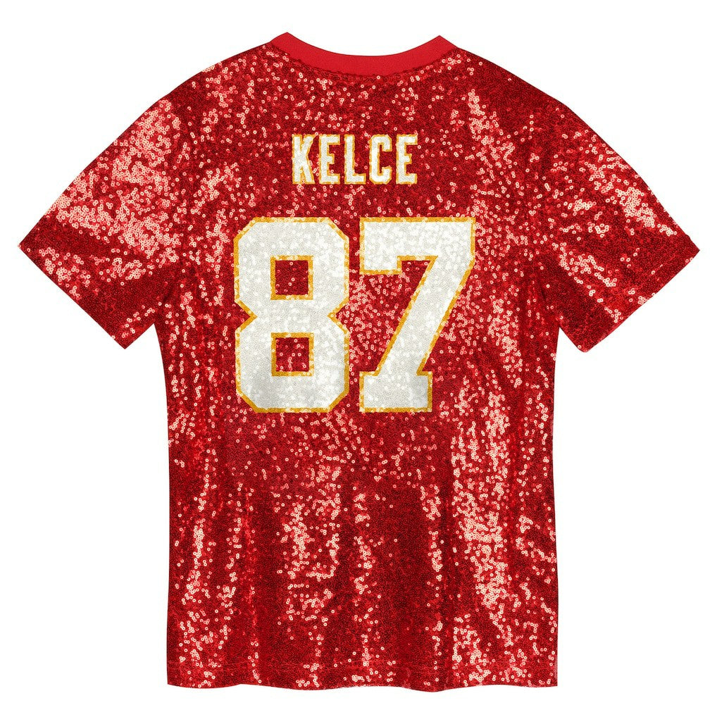 Travis Kelce Kansas City Chiefs Girls Youth Sequin V-Neck Fashion Jersey Red | NFL