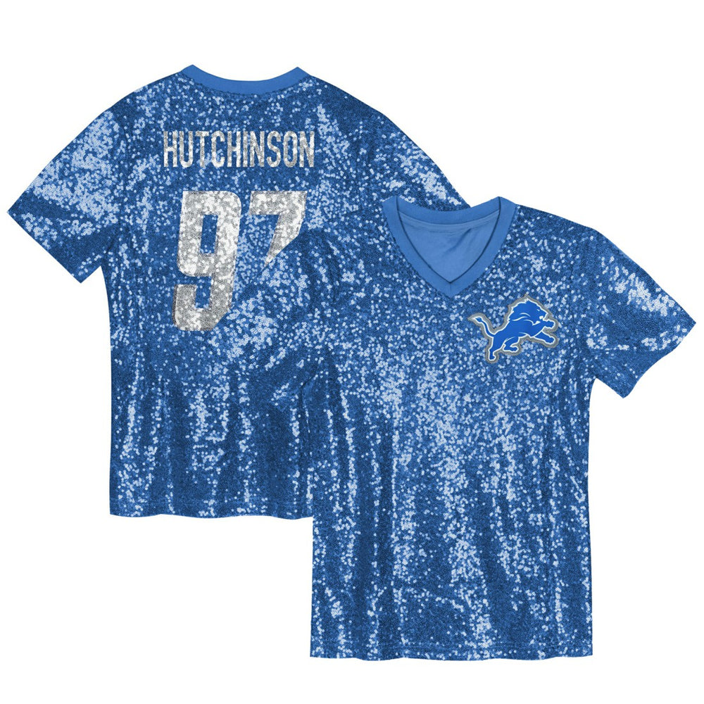 Aidan Hutchinson Detroit Lions Girls Youth Sequin V-Neck Fashion Jersey Blue | NFL