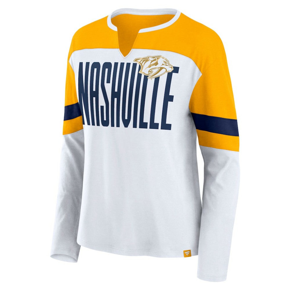 Nashville Predators Fanatics Women's Frozen Long Sleeve Notch Neck T-Shirt - White/Gold - NHL
